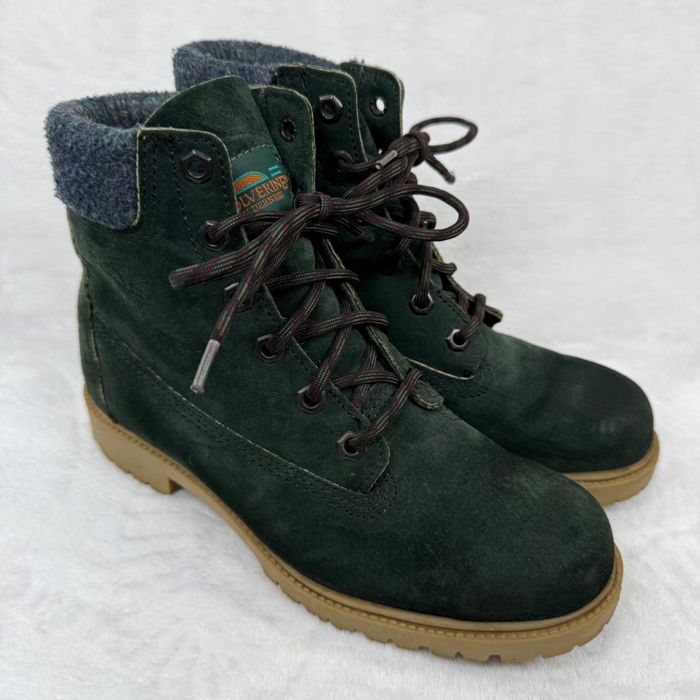 Wolverine Wilderness Forest Green Suede Lace Up Boots Wool Collar Lug Sole 8.5